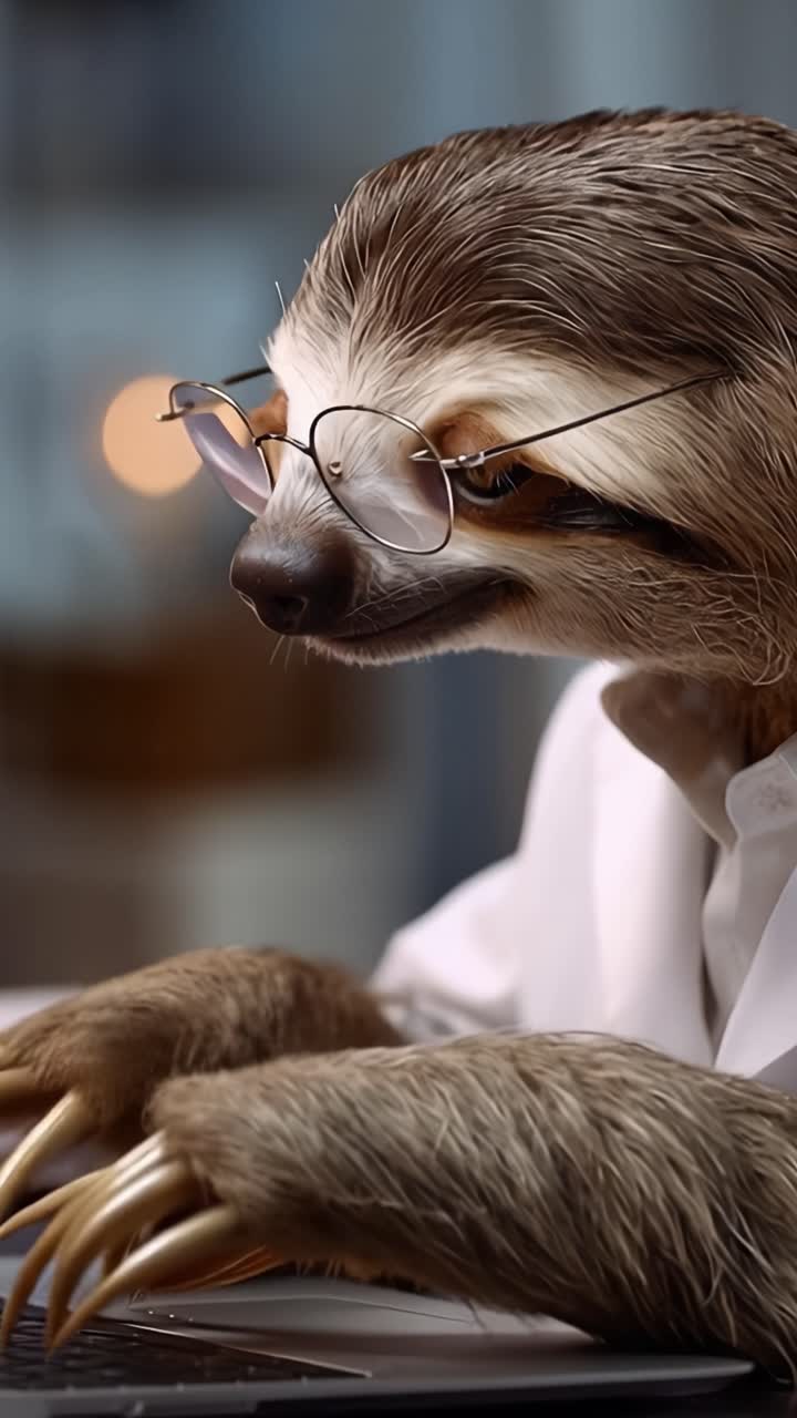 Un affascinante bradipo con gli occhiali e un camice da laboratorio si concentra su un laptop, rappresentando un mix unico di intelligenza e dolcezza in una scena commovente e stravagante.