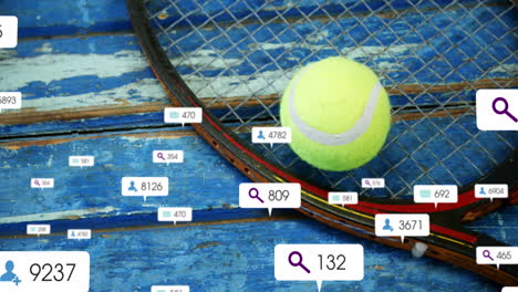 animation of multiple notification bars over tennis ball and racket on wooden table