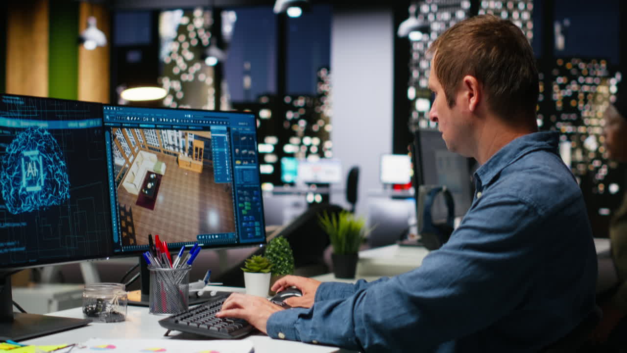 Expert developer using AI neural networks on 3D modeling program