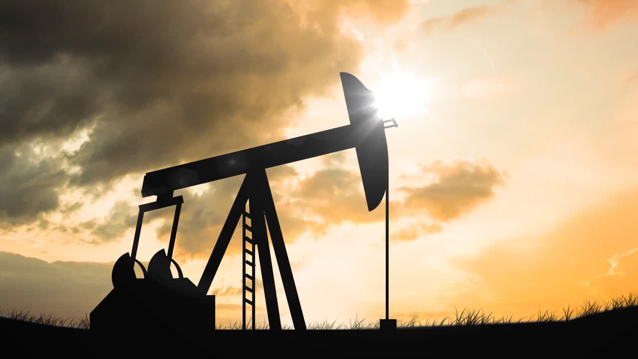 animación de pumpjack sobre el sol y las nubes
