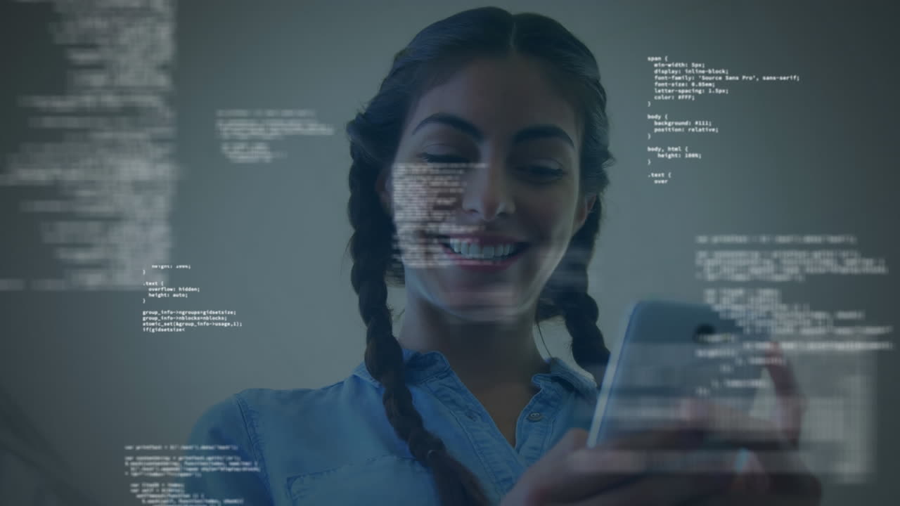 Animation of data processing over woman using smartphone