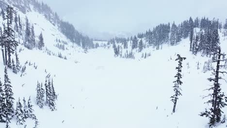 A-slow-moving-drone-shot-of-a-snow-covered-valley-in-a-snowstorm