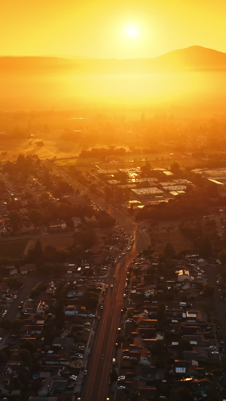 Flyover the beautiful scenery of Napa city in California. Orange sky over the hazy mountains and vineyards. Vertical video