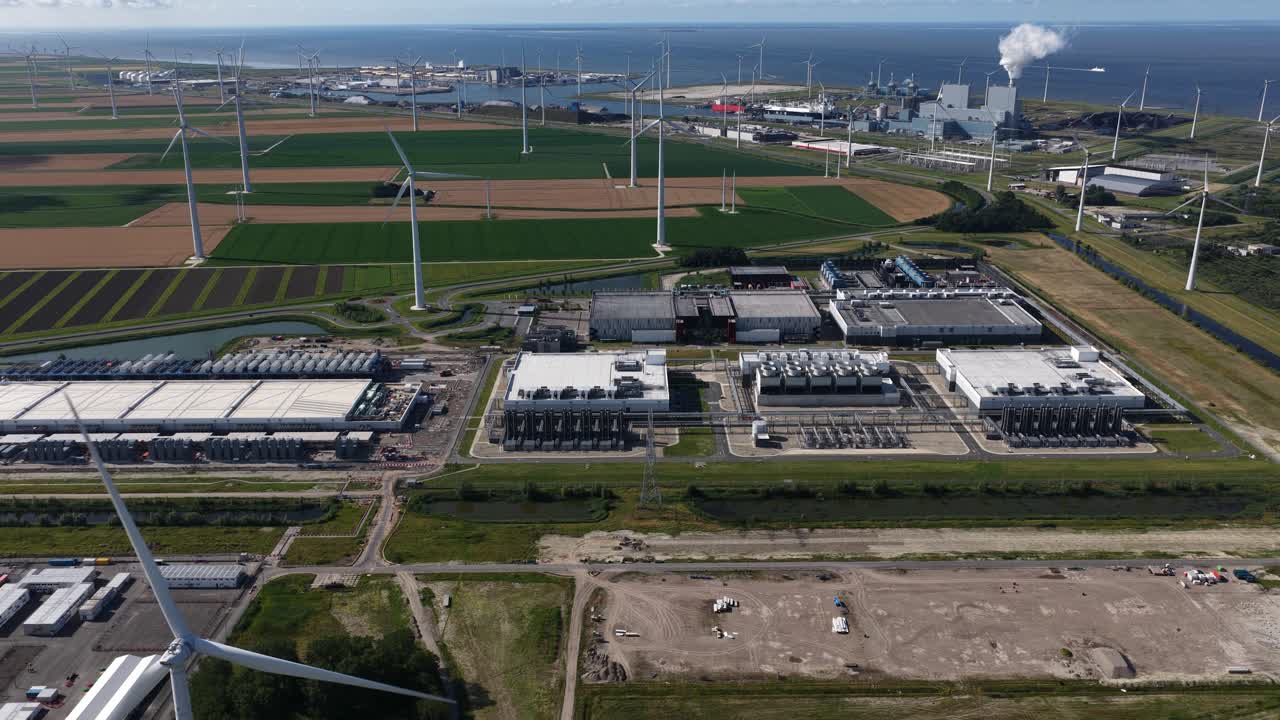 Data center, server hall, industrial hyperscale computing center. Eemshaven, The Netherlands. Aerial view