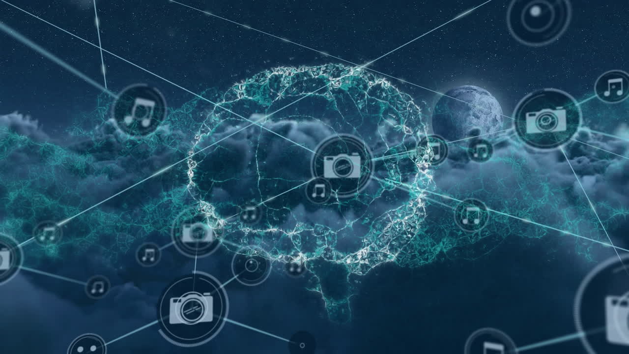 animación de la red de conexiones con iconos y cerebro humano sobre un cielo nublado