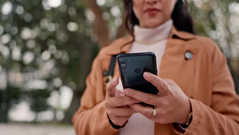 hands, typing and woman outdoor with phone