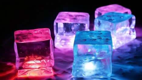 ice cubes illuminated with vibrant blue, pink, and red light create a captivating visual display, adding a touch of coolness and excitement to the dark surroundings