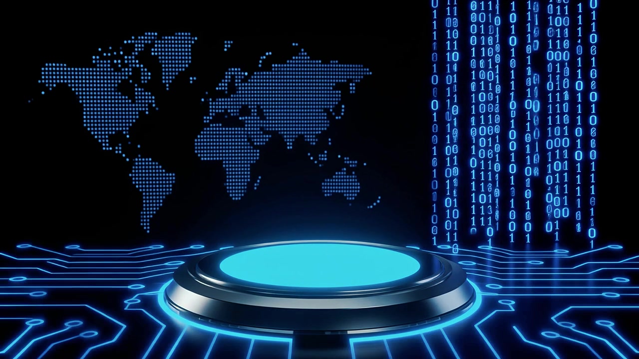 Futuristic Digital Platform with Circuit Board, Binary Code, and World Map