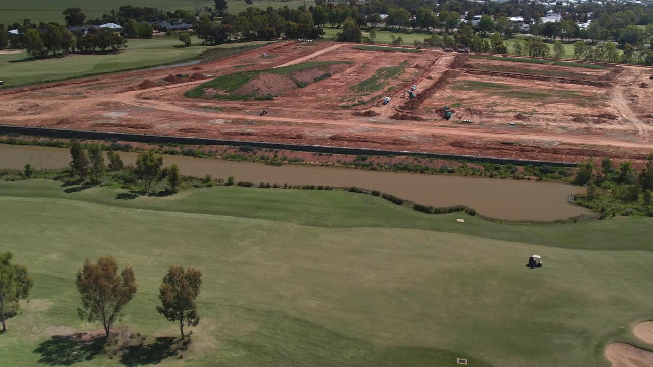 Aerial over Black Bull Golf Course to the new stage at Silverwoods Estate Yarrawonga