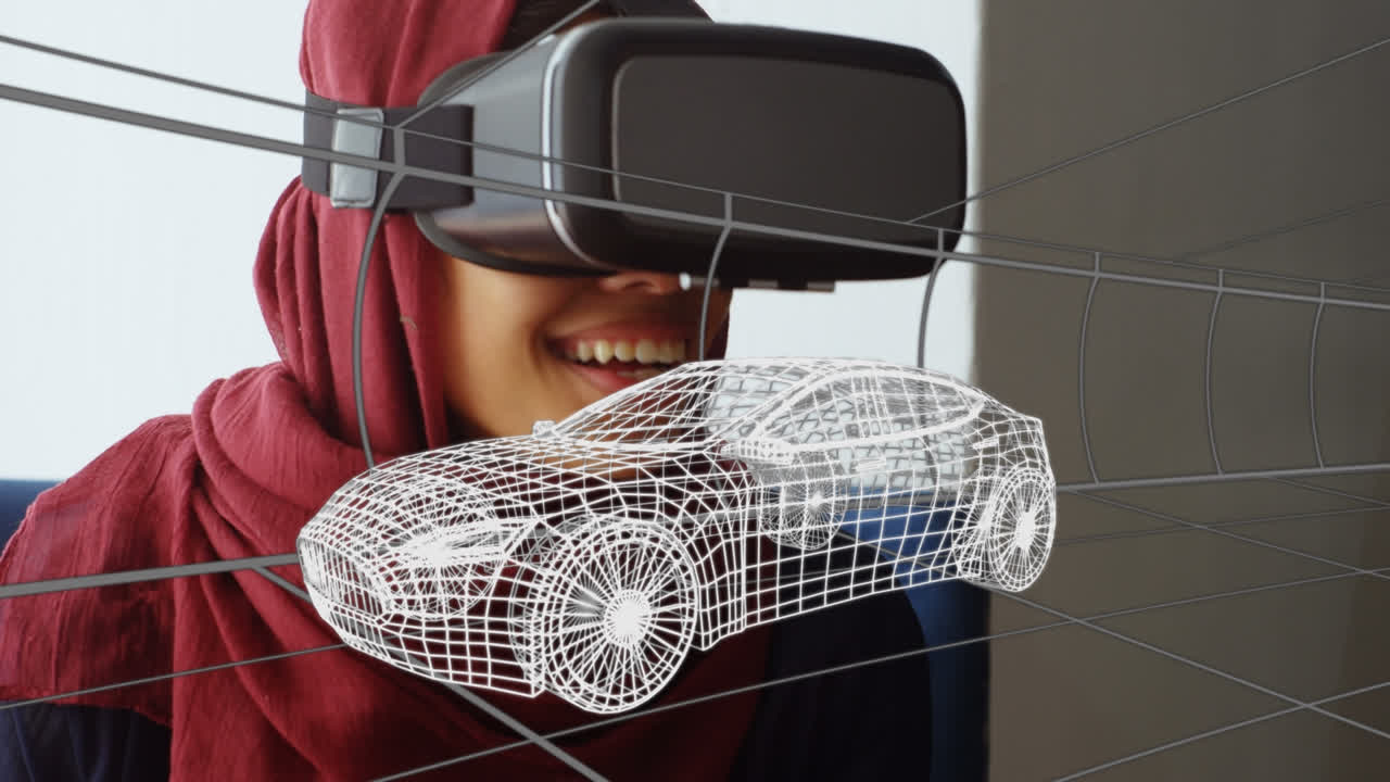 Animace digitální 3D kresby auta nad ženou používající VR headset