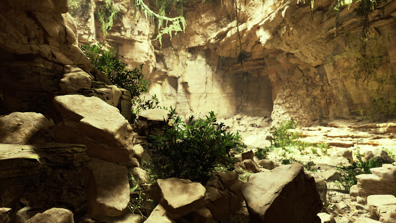 Natural wonder unfolds in a hidden canyon with lush greenery and ancient rocks