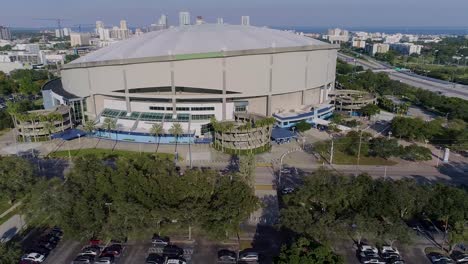 4k aerial drone video of tropicana field and full parking lots next to interstate 275 in downtown st