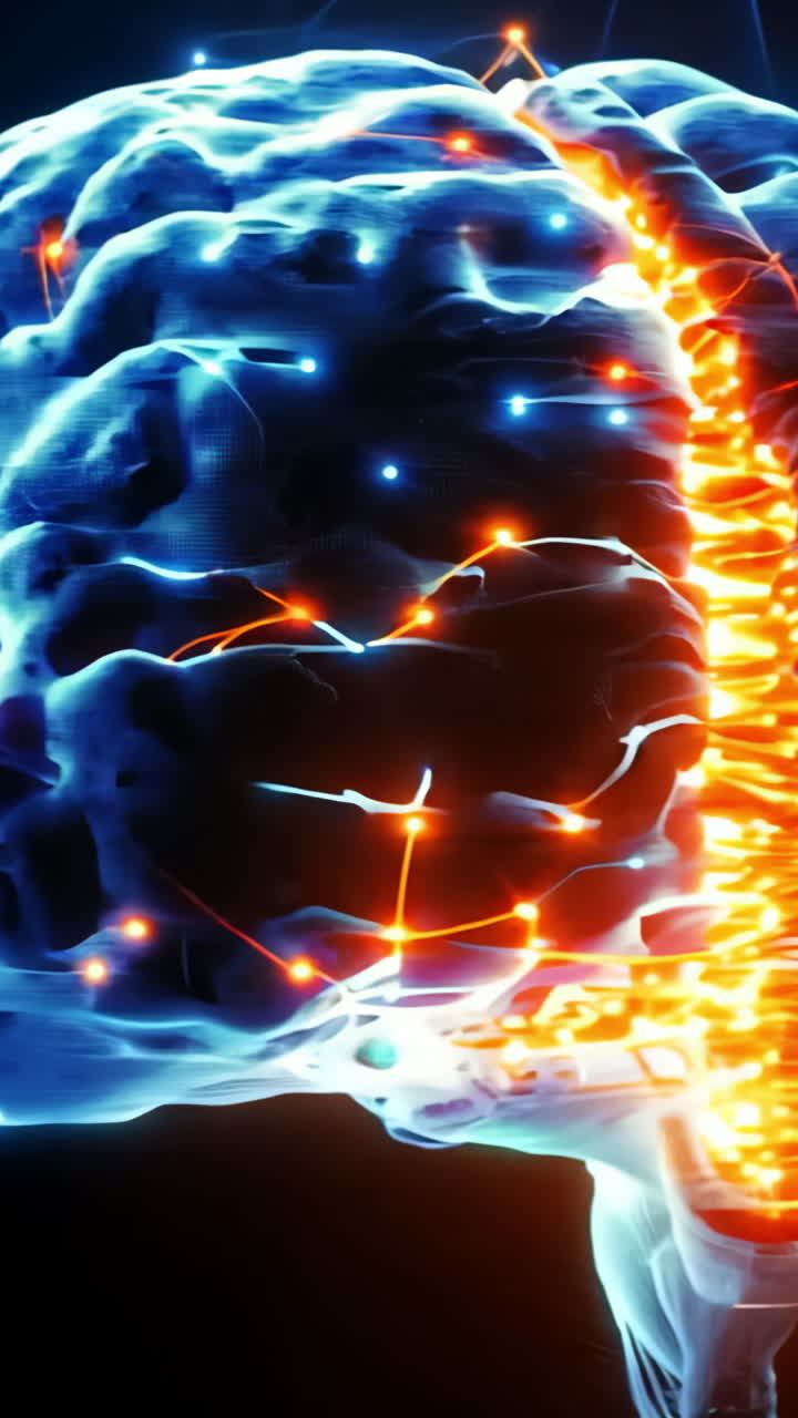 A brain with many lines and dots surrounding it. The brain is surrounded by a blue and orange glow