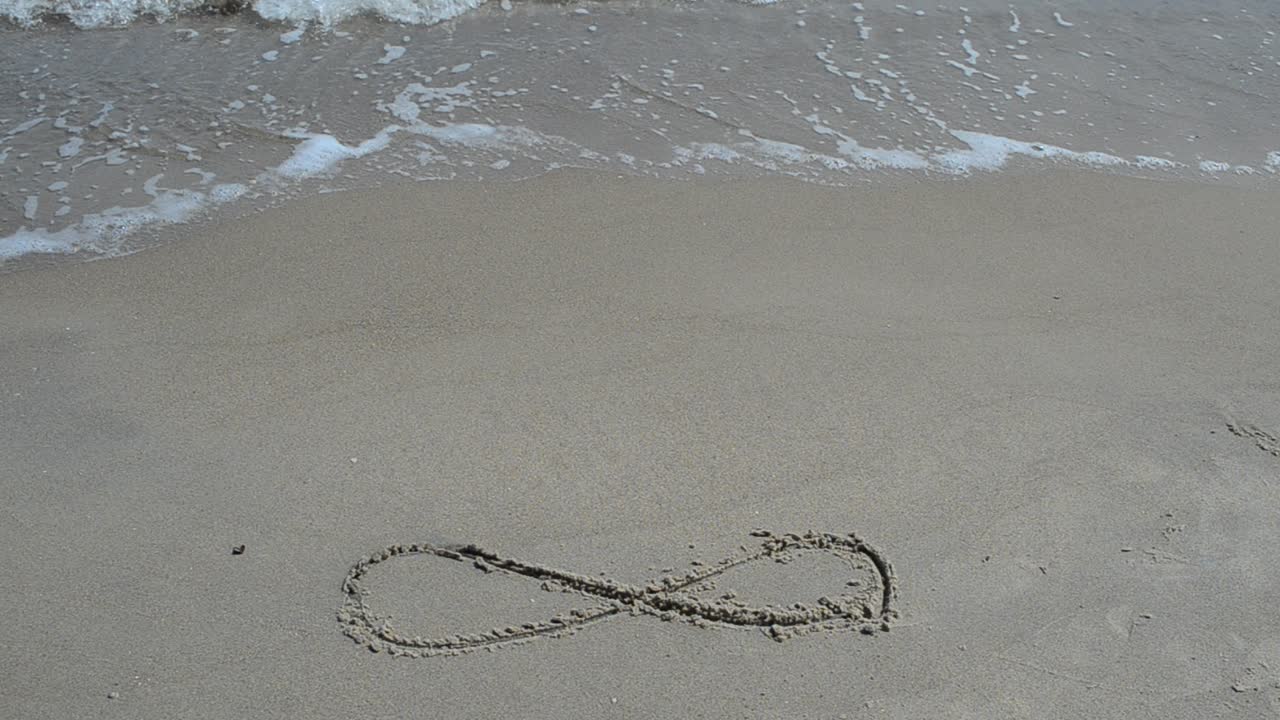 Sign infinity on sand, the beach. Shooting on the beach