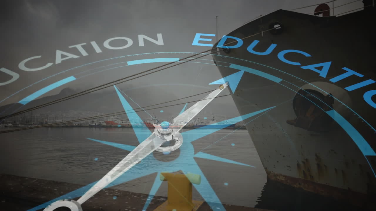 조선소 위의 교육 텍스트와 함께 나침반의 애니메이션