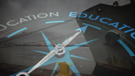 animation of compass with edcuation text over shipyard