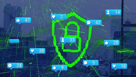 animation of social media icons with growing number and padlock icon over cityscape