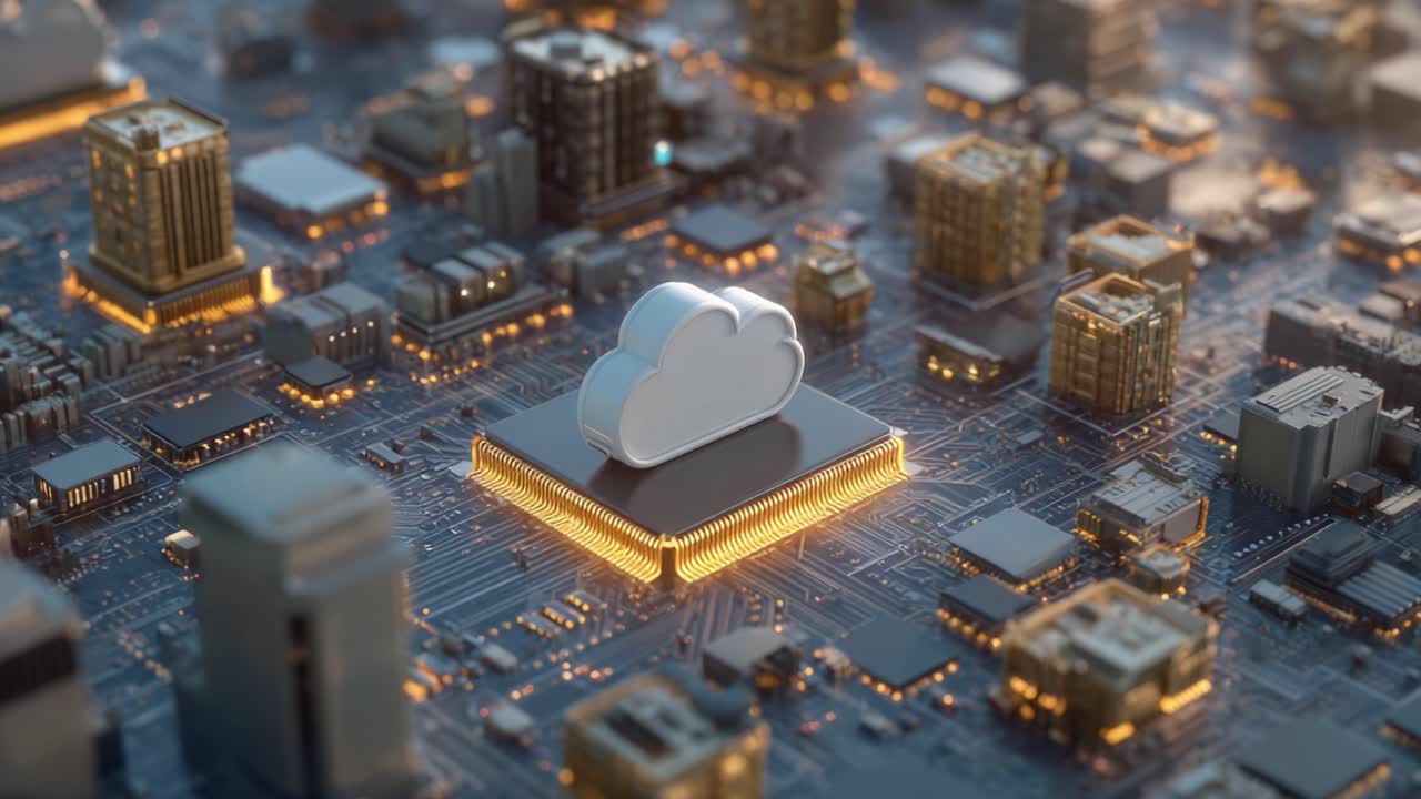 The Evolution of Cloud Technology: A Visual Representation of Data Hosting and Connectivity in a Modern Urban Landscape of Circuits and Clouds
