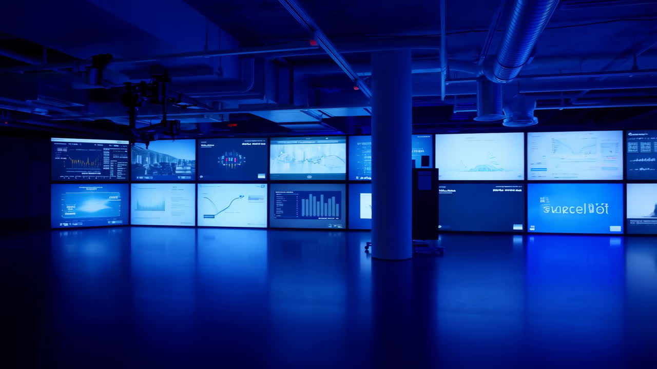 Large Room with Multiple Data Visualization Screens in Blue Light