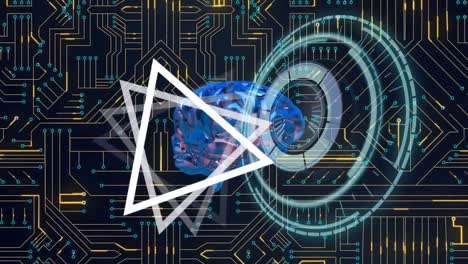 Animation-of-triangles,-scope-scanning-and-digital-brain-over-computer-circuit-board