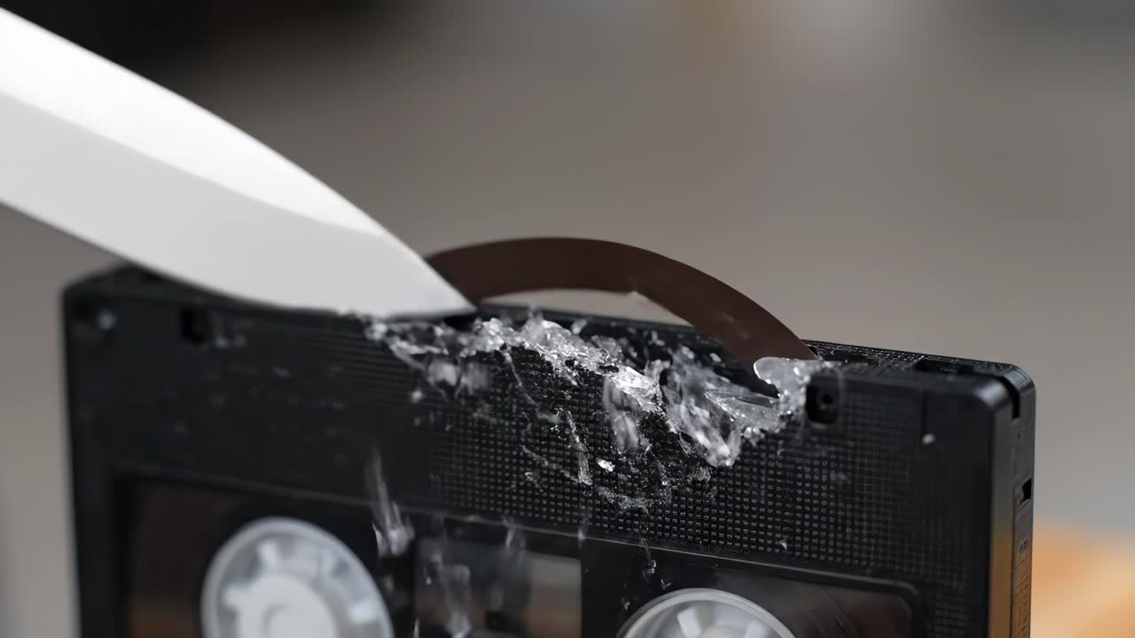 Destroying a Cassette Tape with a Knife