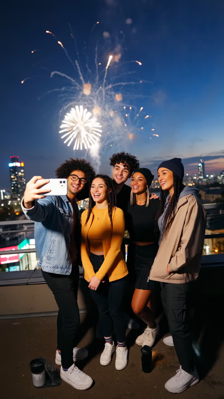 Friends take a selfie on a rooftop with fireworks over the city