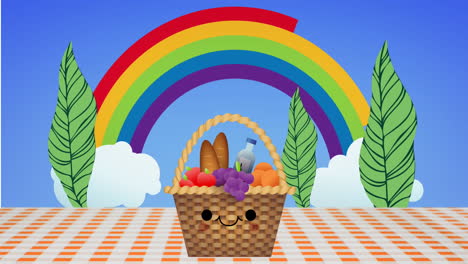 animación de una canasta de picnic sobre un arco iris sobre un fondo azul.