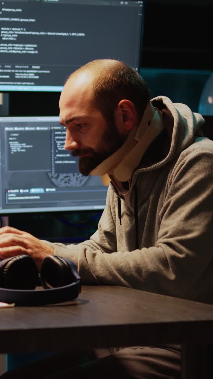 Vertical video: Software engineer wearing cervical collar at office