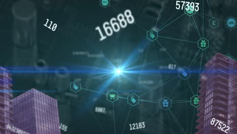 Animation-of-changing-numbers-and-network-of-digital-icons-against-closeup-of-a-computer-server