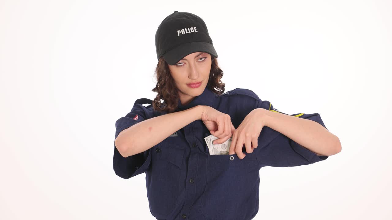 Female Police Officer Putting Money into Her Uniform Pocket
