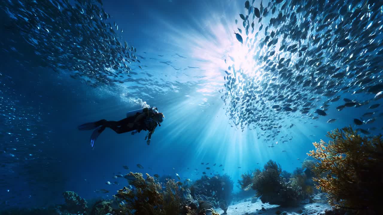 A breathtaking underwater scene where a diver explores vibrant marine life illuminated by sunbeams penetrating the ocean surface, surrounded by swirling schools of fish