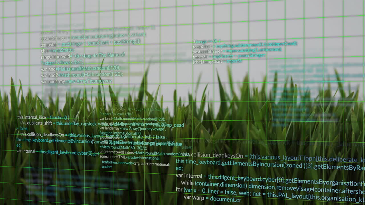 Animation of computer code overlaying green grass, blending technology and nature
