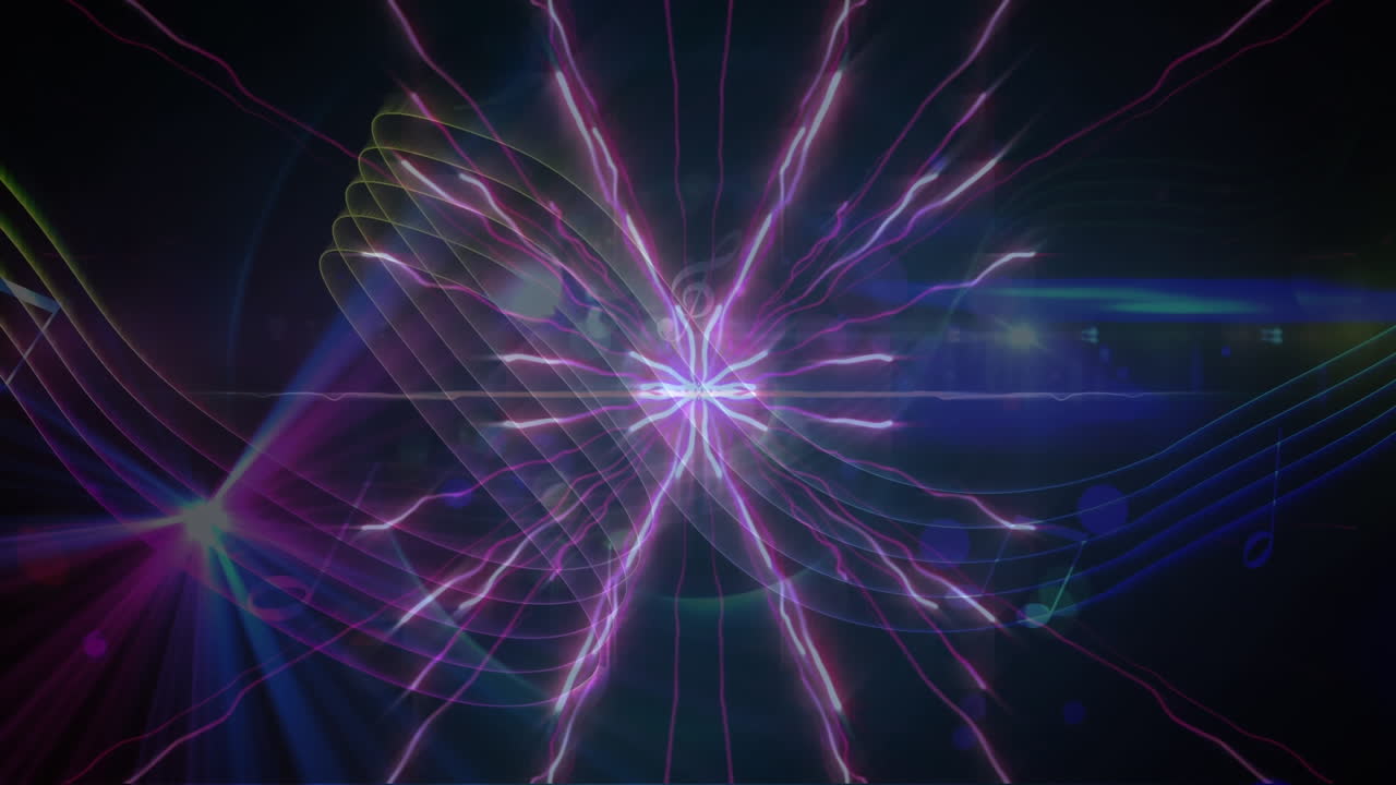 animación de puntos brillantes, rastros de luz y notas sobre un fondo negro