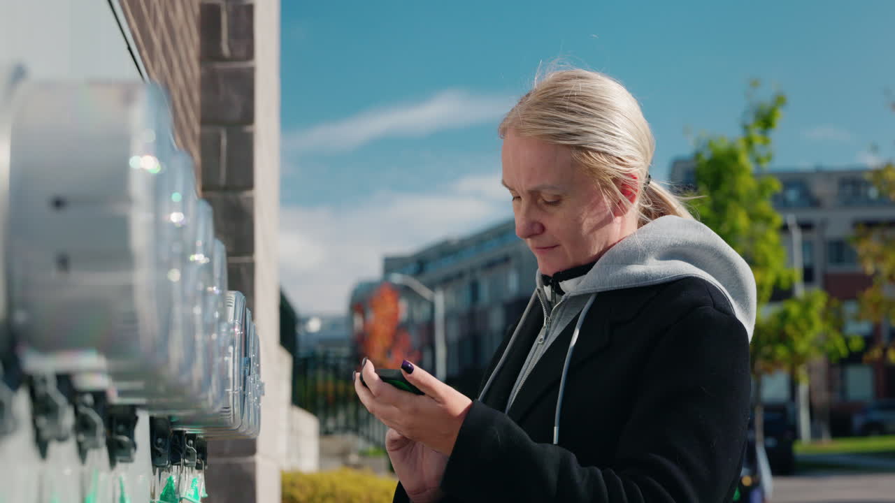 Woman using smartphone next to electric meters