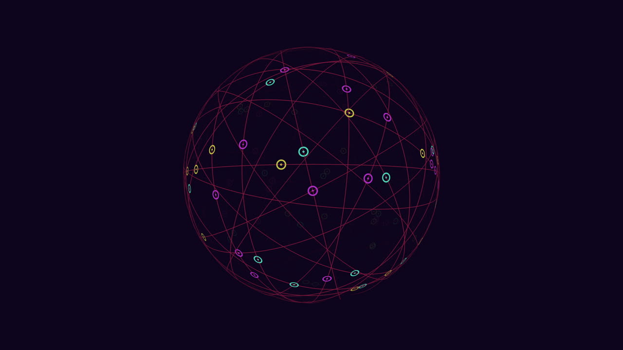 Complex interconnected nodes forming a circular network in dark background