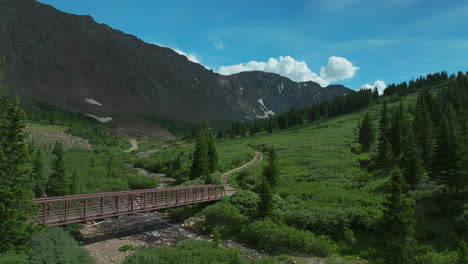 Filmische-Luftdrohne-Am-Frühen-Morgen,-Ausgangspunkt-Der-Brücke-über-River-Greys-Und-Torreys,-14er-Peaks,-Rocky-Mountains,-Colorado,-Atemberaubende-Landschaftsansicht,-Hochsommergrün,-Wunderschöner-Schnee-Auf-Der-Oberseite,-Rückenbewegung