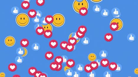 multiple smiley face, heart and thumbs up icons floating against blue background