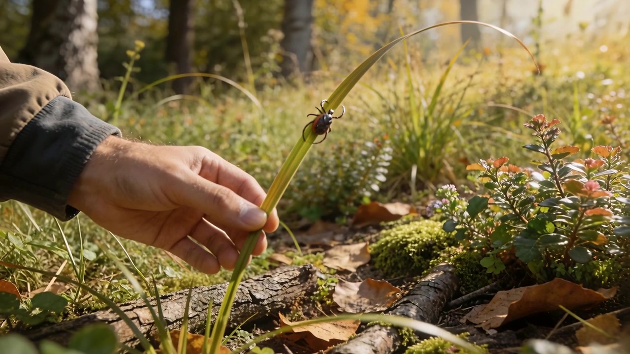 Reaching left hand lifting sedge blade at forest floor, revealing tick to check with green sleeve