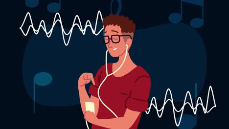 young man with eyeglasses listening music and waves