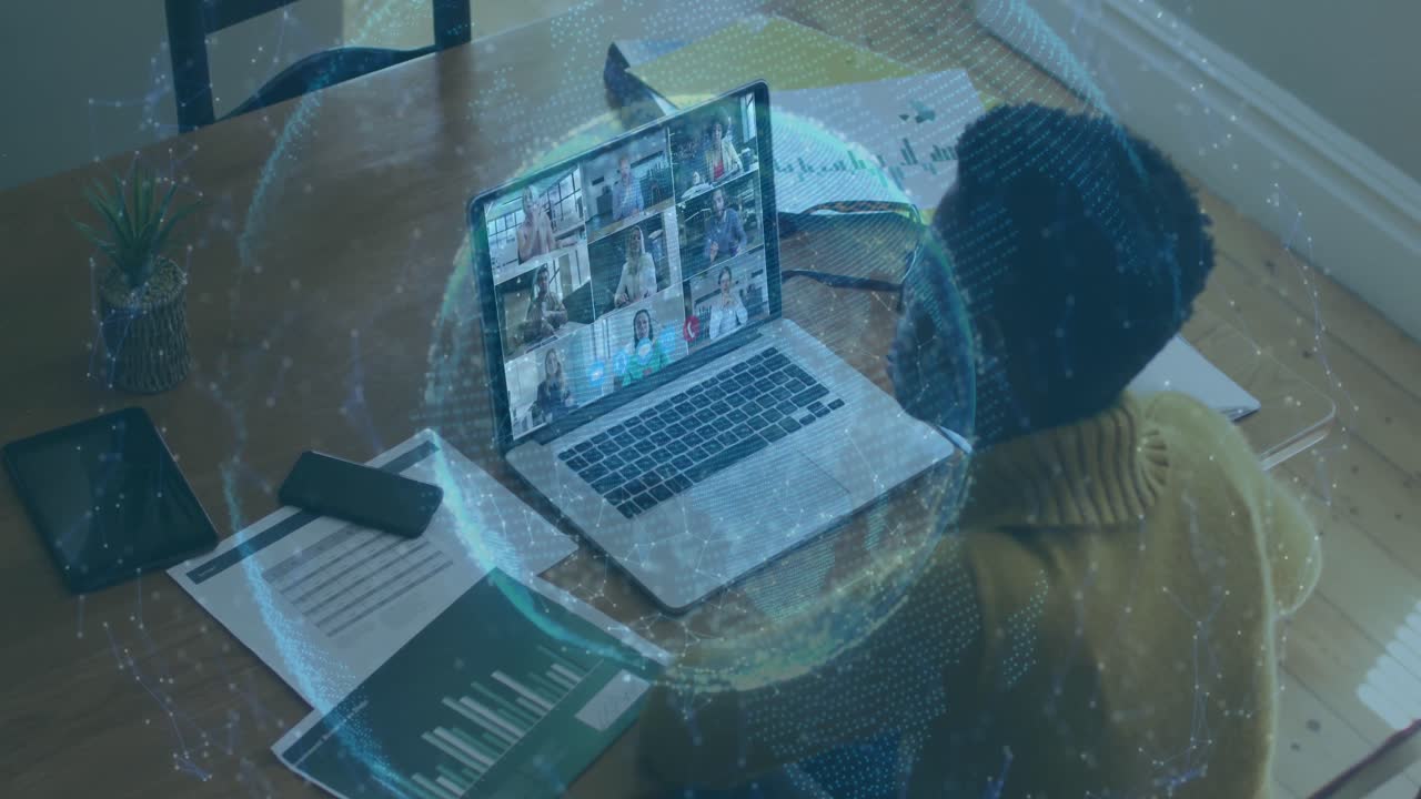 Animation of globe with network of connections over woman using laptop on video call