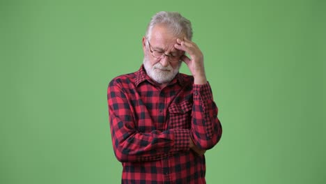 handsome senior bearded man against green background
