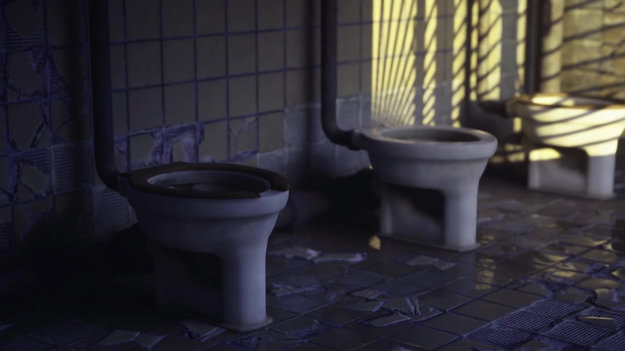 Derelict urban facility featuring broken tiles and rusted fittings