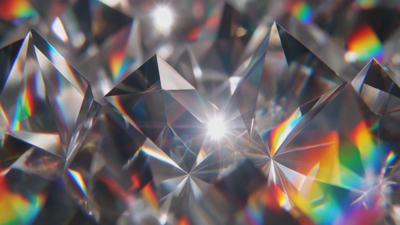 Primer plano de facetas de diamante brillantes con refracción de luz de arcoíris
