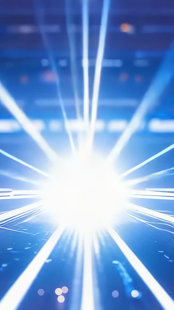 Vertical video: Appearing glow driving orb rising and radiating beams over grid, showing light bars