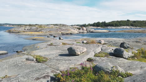 scenic landscape view of rauk fields, estuaries, rock, stone and outcroppings on sunny blue sky day, gotland, sweden, handheld pan