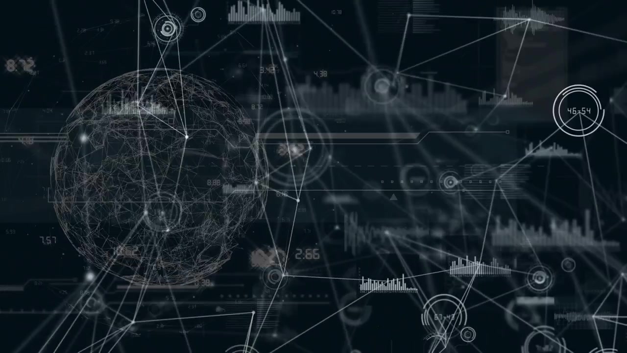 Animation of network of connections and data processing over globe in background