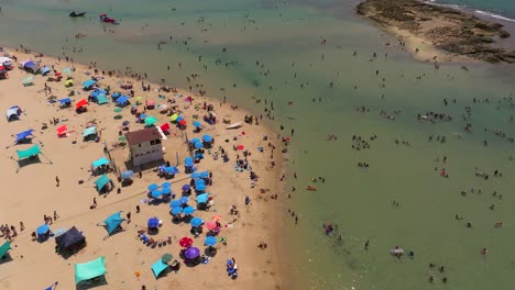 Día-De-Verano-En-La-Playa-Con-Gente-En-El-Agua-Y-Bajo-Sombrillas-Coloridas,-Imágenes-De-Drones-De-Arriba-Hacia-Abajo