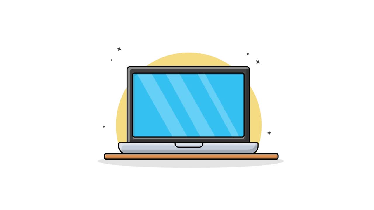 Laptop animato in stile cartone animato che si apre su sfondo bianco