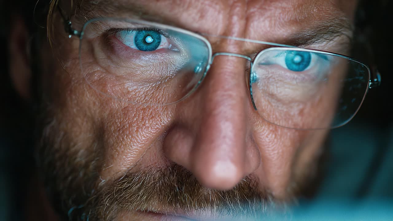 A Close-Up of a Man with Intense Blue Eyes and Glasses, Capturing an Emotional Moment of Concentration and Deep Thought in a Dimly Lit Environment