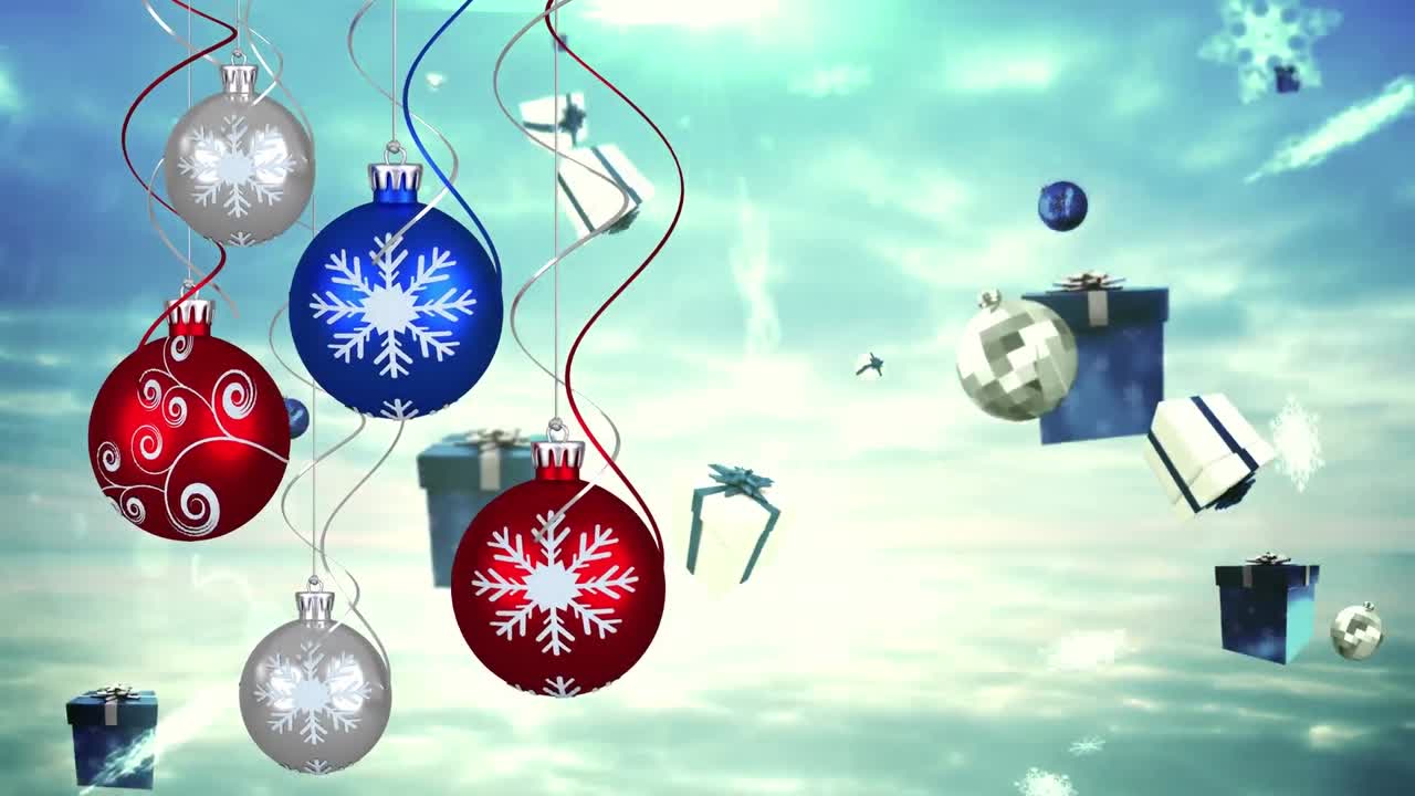 보케와 함께 파란색 배경 위에 떨어지는 크리스마스 버블, 선물 및 눈의 애니메이션